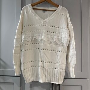 White Birch Oversized Chunky Lace Detail V-Neck White Knit Sweater Women's Small